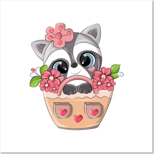 Cute raccoon sitting in a basket with flowers. Posters and Art